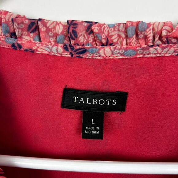 Talbots Women’s L Pink Floral Smocked Shoulder Tie Neck Long Sleeve Lined Blouse - Picture 4 of 7